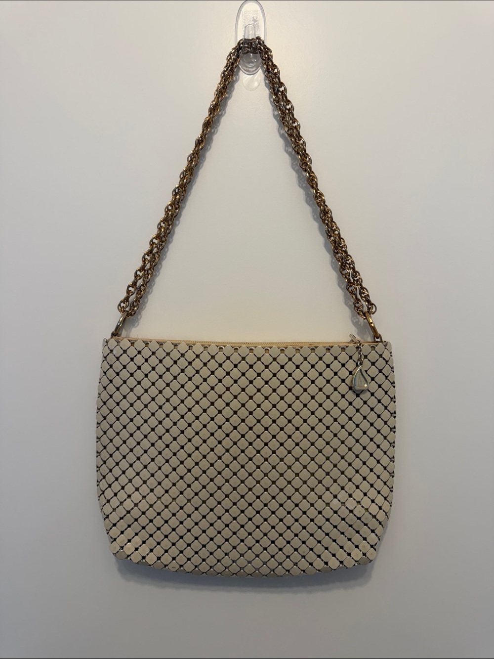 Whiting & Davis Cream Mesh Shoulder Bag with Gold Chain